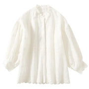 High Quality Round Neck Puff Sleeve Embroidery Single Breasted Cotton Shirt