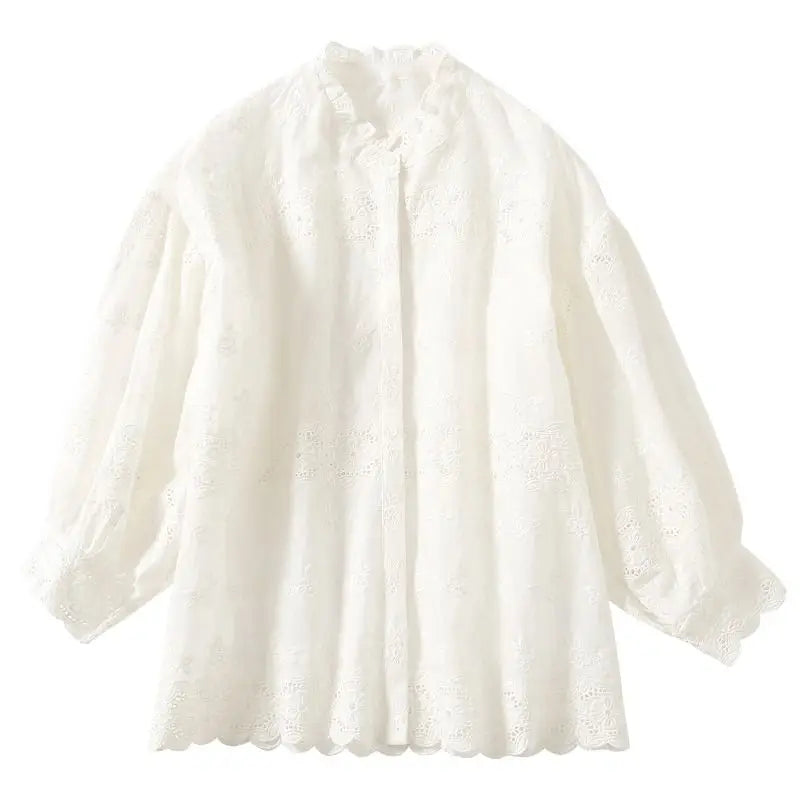 High Quality Round Neck Puff Sleeve Embroidery Single Breasted Cotton Shirt