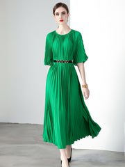 High Quality Printed Round Neck Lace Up Belt Maxi Pleated Long Dress