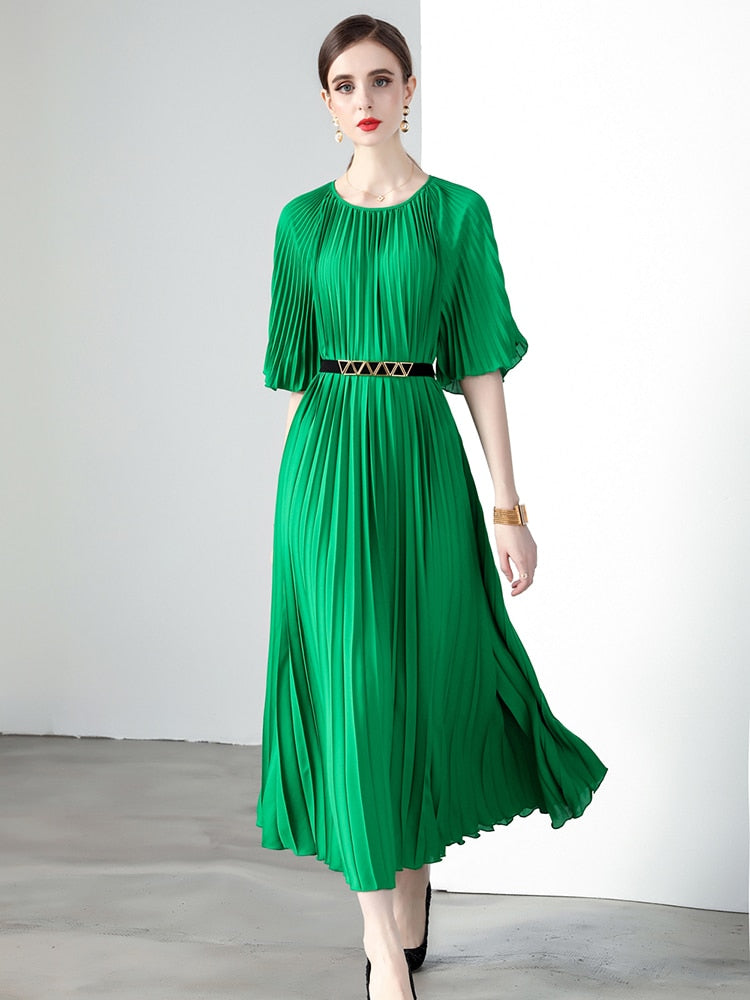 High Quality Printed Round Neck Lace Up Belt Maxi Pleated Long Dress