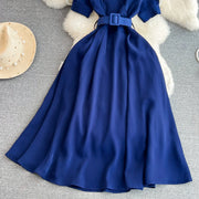 Elegant French turn-down collar short-sleeved dress with high-quality belt