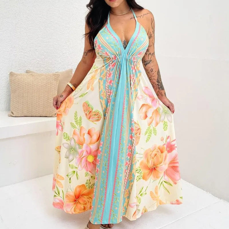 Summer Women Spring Floral Print Halter Sleeveless Maxi Dress Hollow Out Flowy A Line Vacation Dress