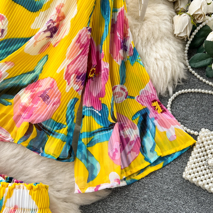 Autumn Women Draped Two Piece Set Bohemian Female Floral Pleated Short Blouse + High Waist Wide Leg Pants Chiffon Suit 2Pcs New