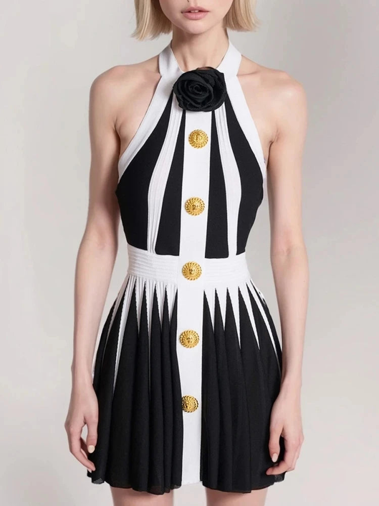 Black White Striped Buttons 3D Pink Pleated Sexy Sleeveless Knitted Mini Dress