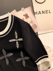 Patchwork Short Sleeve Round Neck Beaded Knitted T-shirt