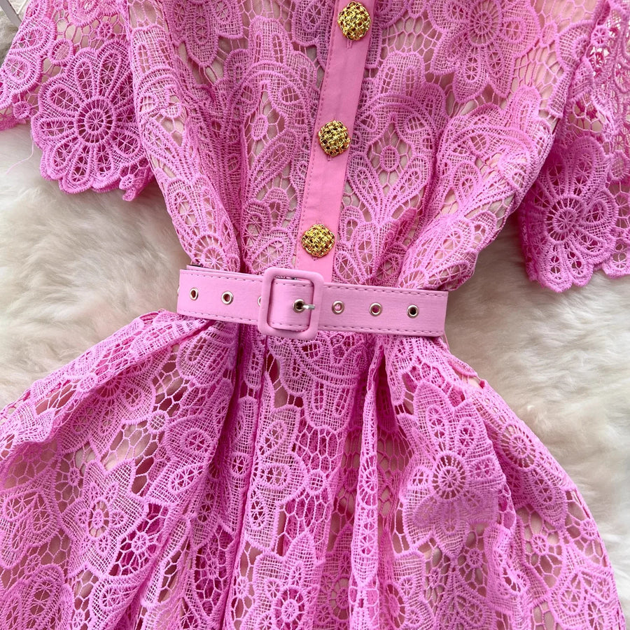 High quality short sleeve elegant blue white pink lace dress with gold buttons and belt below knee length.