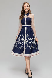 High Quality Turn-down Collar Perspective Long Sleeve Button Slit Midi Vintage Print Dress