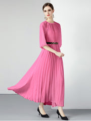 High Quality Printed Round Neck Lace Up Belt Maxi Pleated Long Dress