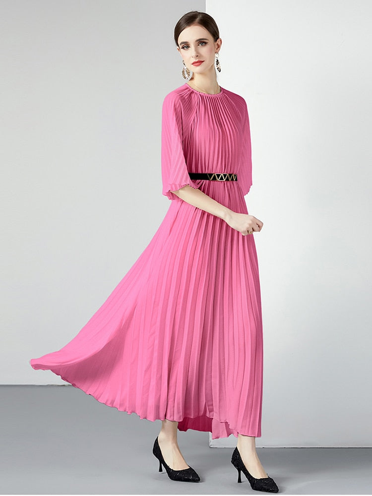 High Quality Printed Round Neck Lace Up Belt Maxi Pleated Long Dress