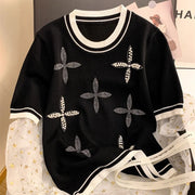Patchwork Short Sleeve Round Neck Beaded Knitted T-shirt