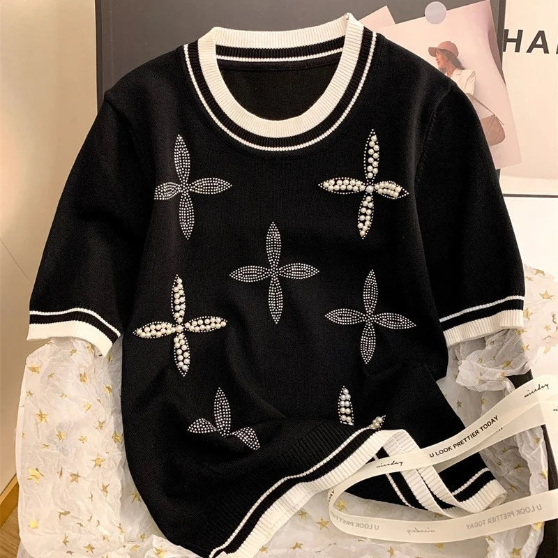 Patchwork Short Sleeve Round Neck Beaded Knitted T-shirt