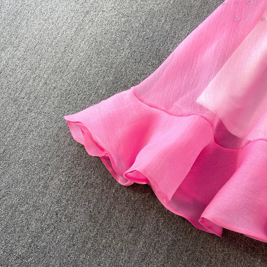 Fashion Temperament Bandage Slim Waist Dress Fairy Gauze Ruffled Long Robe Turn-down Collar Single Breasted Diamonds Vestidos