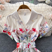High Quality Belted Floral Print Short Sleeve Notched Neck Short Sleeve Vintage Flower Shirt Dress