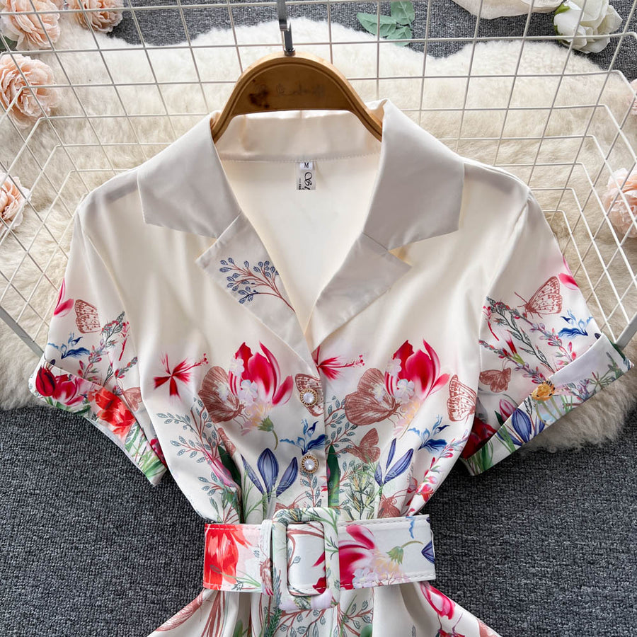 High Quality Belted Floral Print Short Sleeve Notched Neck Short Sleeve Vintage Flower Shirt Dress