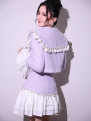 Fashion Sweet Office Lady Pearl Jacket Sets Double Breasted Ruffles Spliced Coat Outfits Light Purple Mini Skirt Two-Piece Set