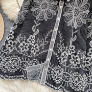 Basic loose long-sleeved polo-neck blouse embroidered with flowers and French-style hook