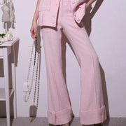 Sweet Pink Lace Collar Women Vest Sets Loose Fit Multi Pocket Sleeveless Jacket Two-Piece Set Full Length Wide Leg Pant Outfits