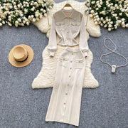 High quality two piece outfits with long sleeves and turn-down collar, buttons and pencil skirt