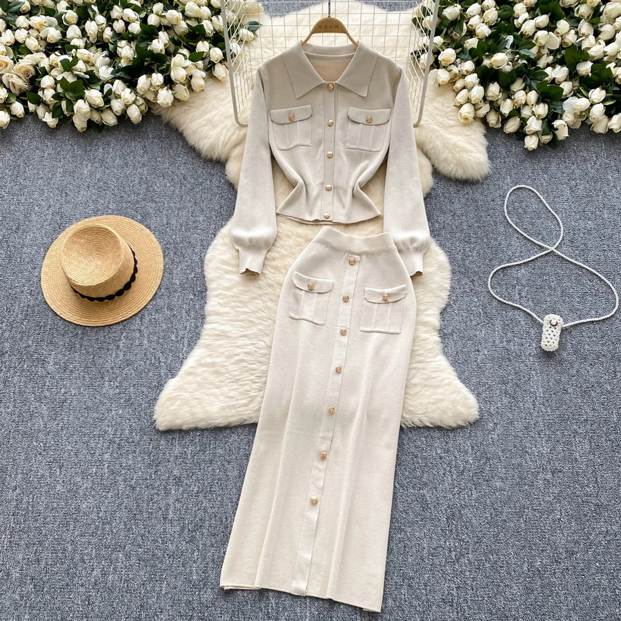 High quality two piece outfits with long sleeves and turn-down collar, buttons and pencil skirt