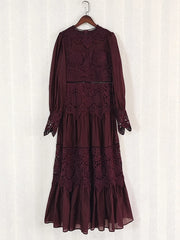 Vintage quality elegant hollow out embroidered flower green black white dress