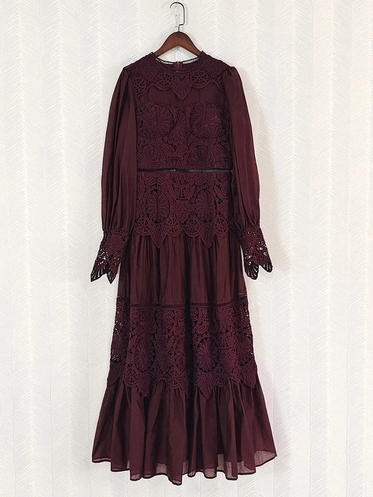 Vintage quality elegant hollow out embroidered flower green black white dress