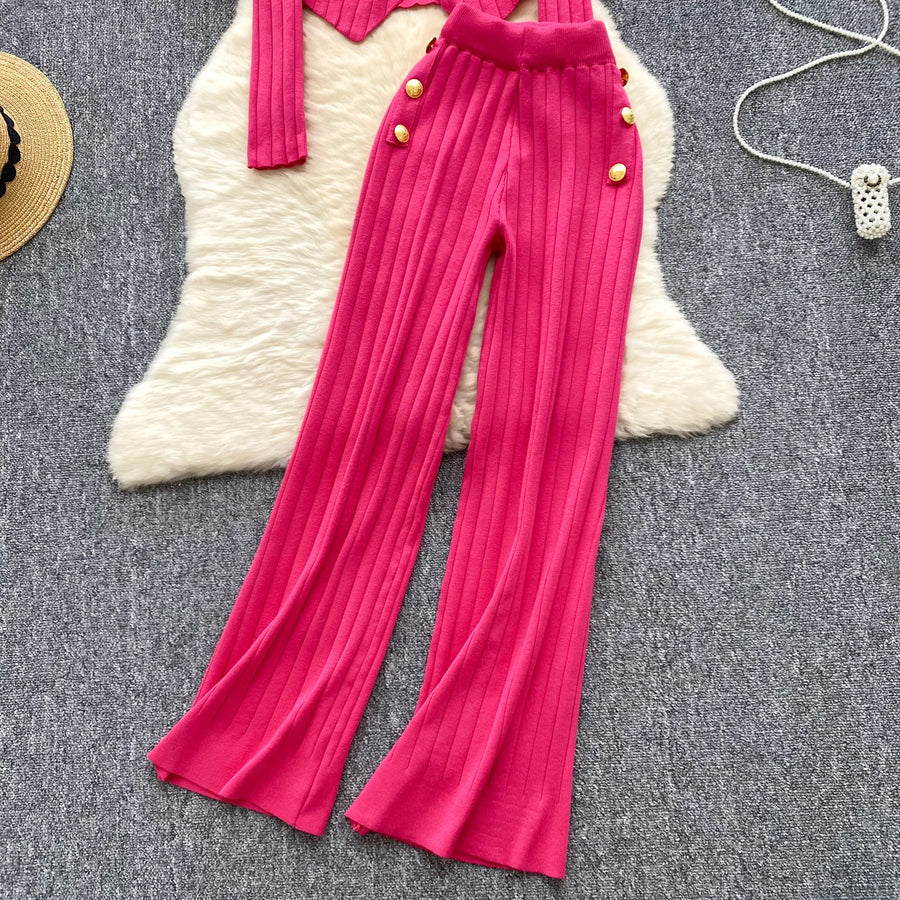 Two Piece Sets Elegant Long Sleeve Button Top + Elastic Long Pants