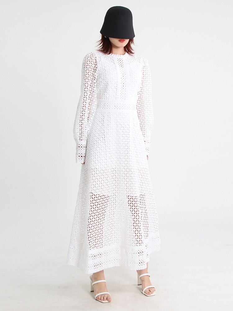 Vintage dresses round neck, flare sleeve, high waist, hollow out patchwork, high quality embroidery