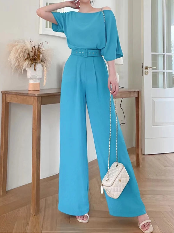 Royal style two-piece set, off-shoulder with high-quality wide-leg pants