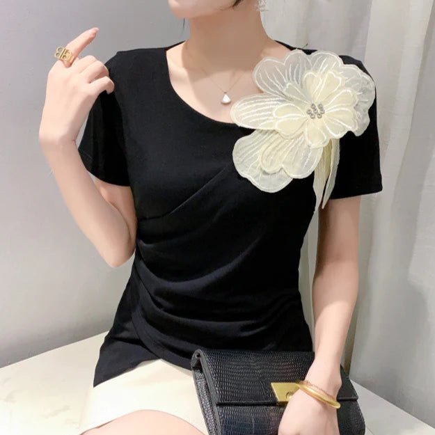 High Quality Pleated Cross Slash Neck Short Sleeve T-shirts