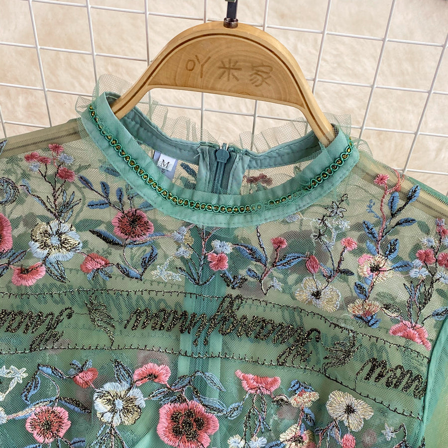 Temperament Flower Letter Embroidery Dress Long Sleeve Mesh Lace Ruffles High Quality