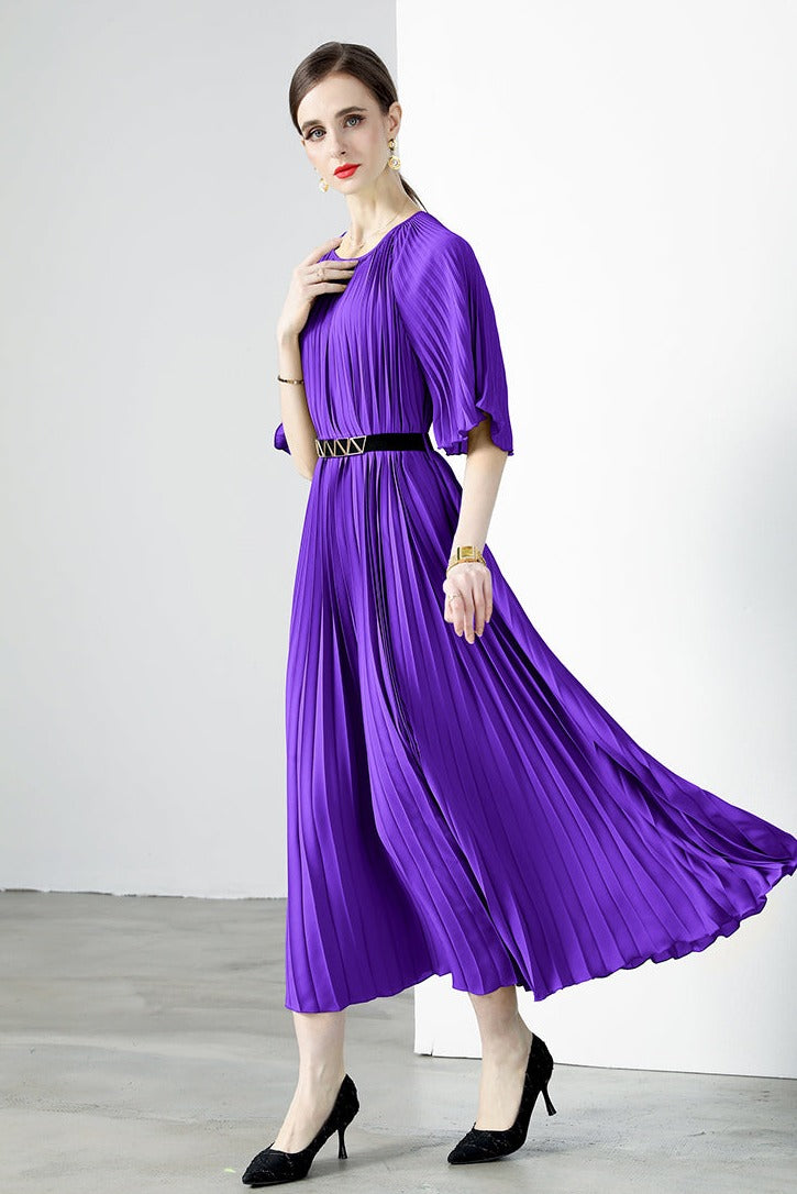 High Quality Printed Round Neck Lace Up Belt Maxi Pleated Long Dress