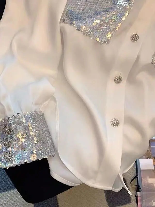 Spring Autumn Fashion Turn-down Collar Long Sleeve Blouses Women's Clothing French Style Sequined Button Trend All-match Shirts