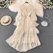 High Quality Ruffled Irreful Hem Elegant French Style Solid Striped Open Stitch Dress