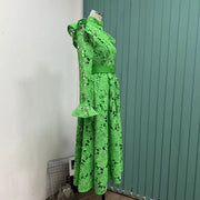 High quality French temperament water soluble lace single-breasted hollow long-sleeved dress