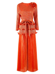 2-piece set of 3D flower pleated niche design lace-up T-shirt + loose elegant wide-leg pants