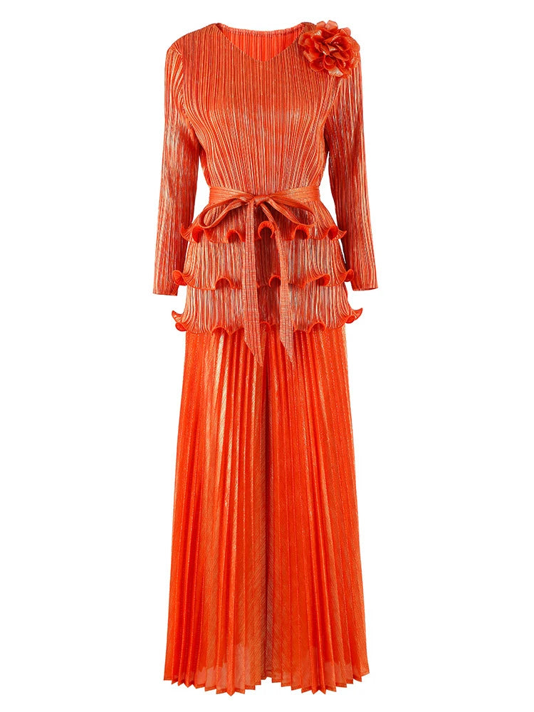 2-piece set of 3D flower pleated niche design lace-up T-shirt + loose elegant wide-leg pants