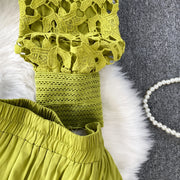 Skirt Sets Women Clothing Temperament Two Piece Set Patchwork Lace Blouses High Waist Hollow Out Long Skirts Suit Summer Outfits