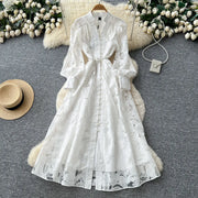 Luxury lightweight dress with mesh embroidery, hollowed-out, long sleeves, narrow waist, high-quality A-line