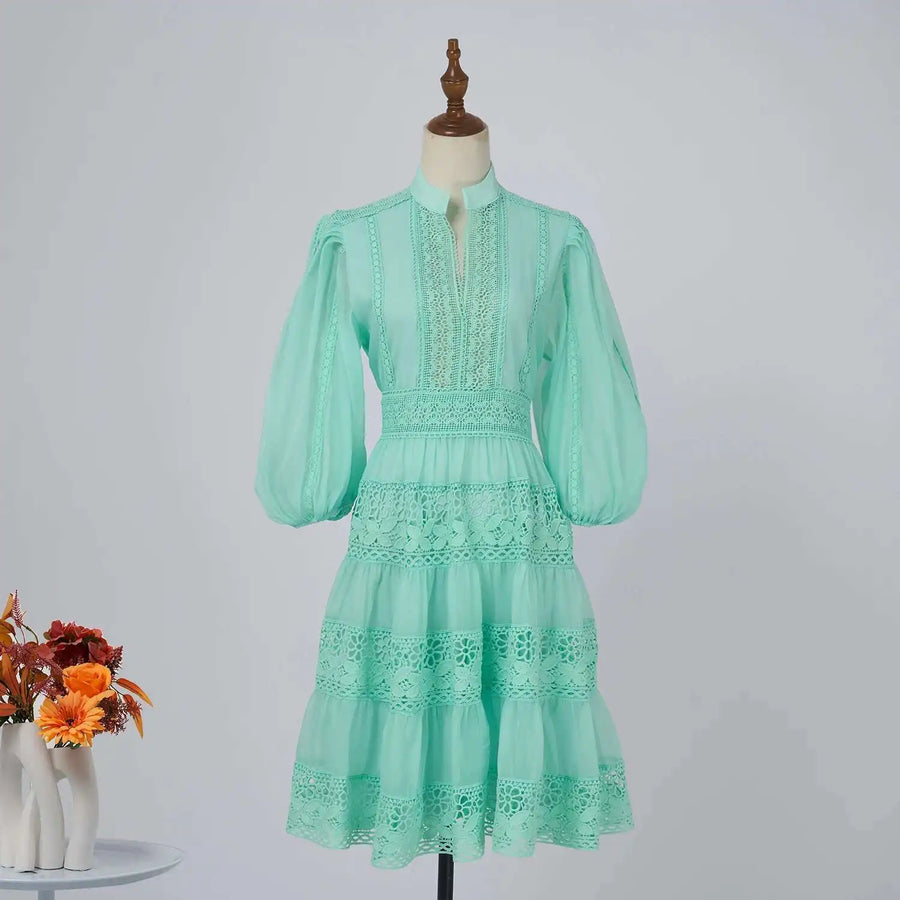Quality Organza Midi Hollow Out Dresses Women's Half Sleeve Summer Embroidery Lace Evening Party Short Dress Shirt Lady