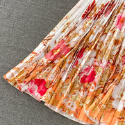 High Quality High Waist Short Sleeve Color Print Pleated O-Neck Dress
