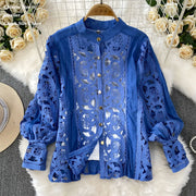 Summer Embroidery Maxi Dress Two Piece Set Women Blue Hollow Lace Long Sleeve Blouse Shirts 3pcs Sets Elastic Waist Skirts Suits
