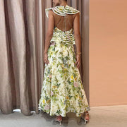 High Quality Round Neck Lace-up Backless Sleeveless Ruffle Pleated Floral Dress