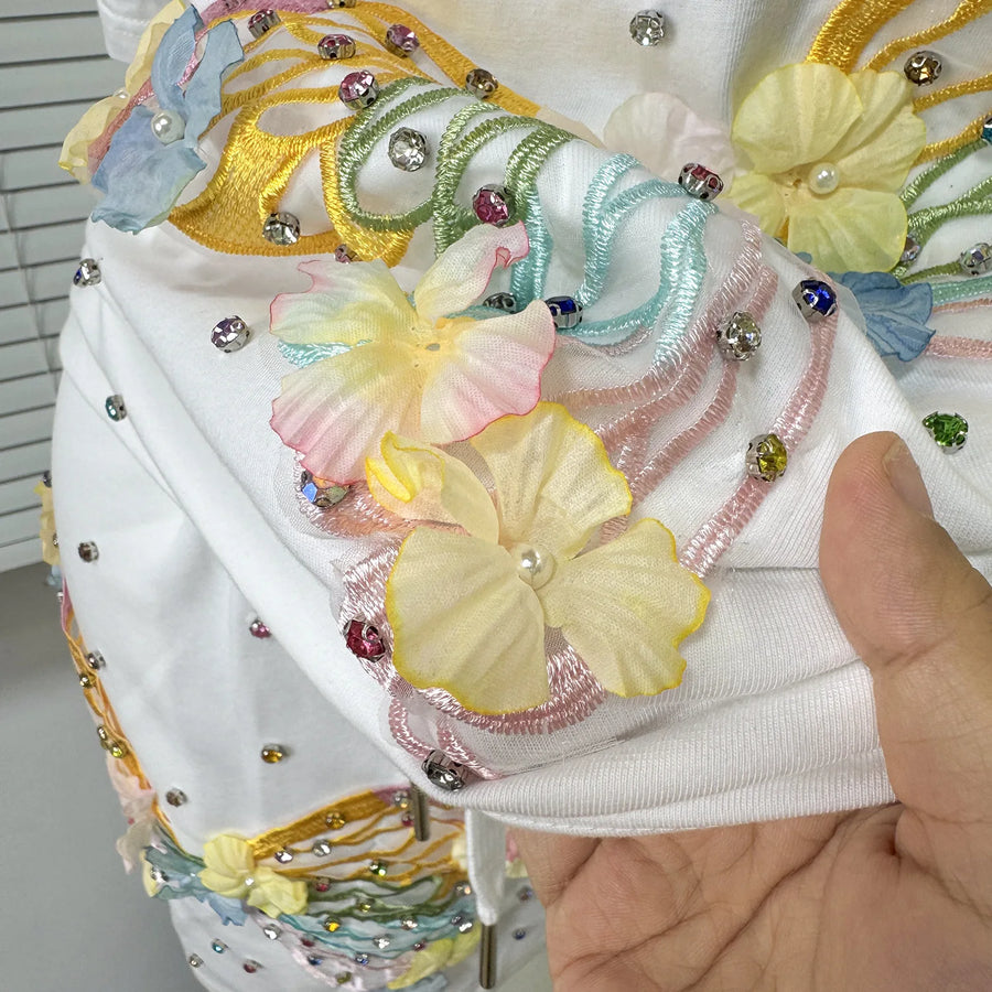 Fashion Butterfly Floral Beading Women's Set T-shirt and Shorts  Summer Active Two 2 Piece Sets Outfit Tracksuit