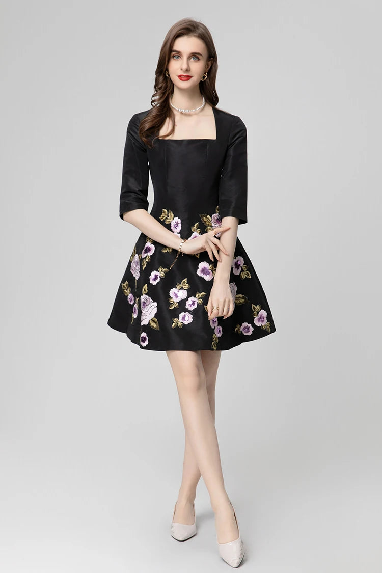 High Quality Elegant Flower Embroidery Pink Black Square Collar Half Sleeve Women Mini Dress