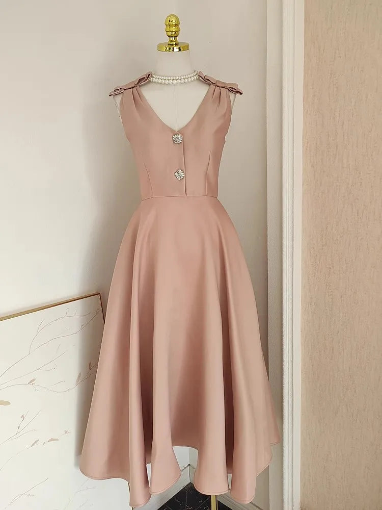 Elegant Thick Satin Special Occasion Evening Prom Dresses For Women Sexy V Neck Cup Padded Diamonds Bow Tank Solid Midi Vestidos