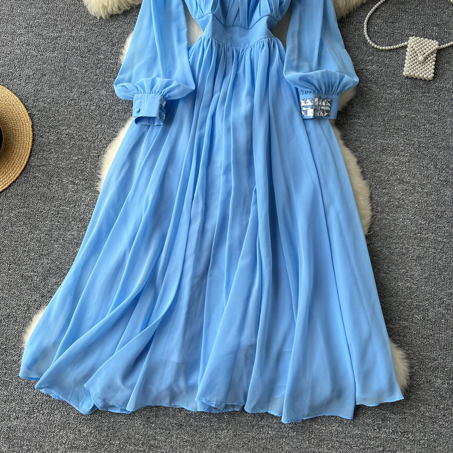 HIGH QUALITY Summer Retro Print Round Neck Flare Sleeve Elegant Pleated Dress