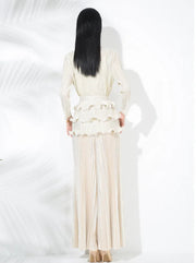 2-piece set of 3D flower pleated niche design lace-up T-shirt + loose elegant wide-leg pants