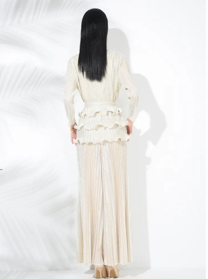 2-piece set of 3D flower pleated niche design lace-up T-shirt + loose elegant wide-leg pants