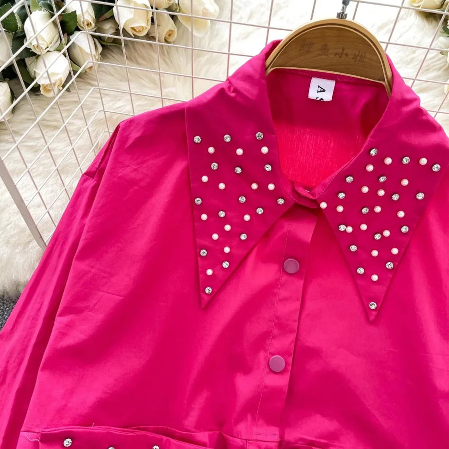 High quality long sleeve turn-down collar lace diamond beaded embroidery blouse