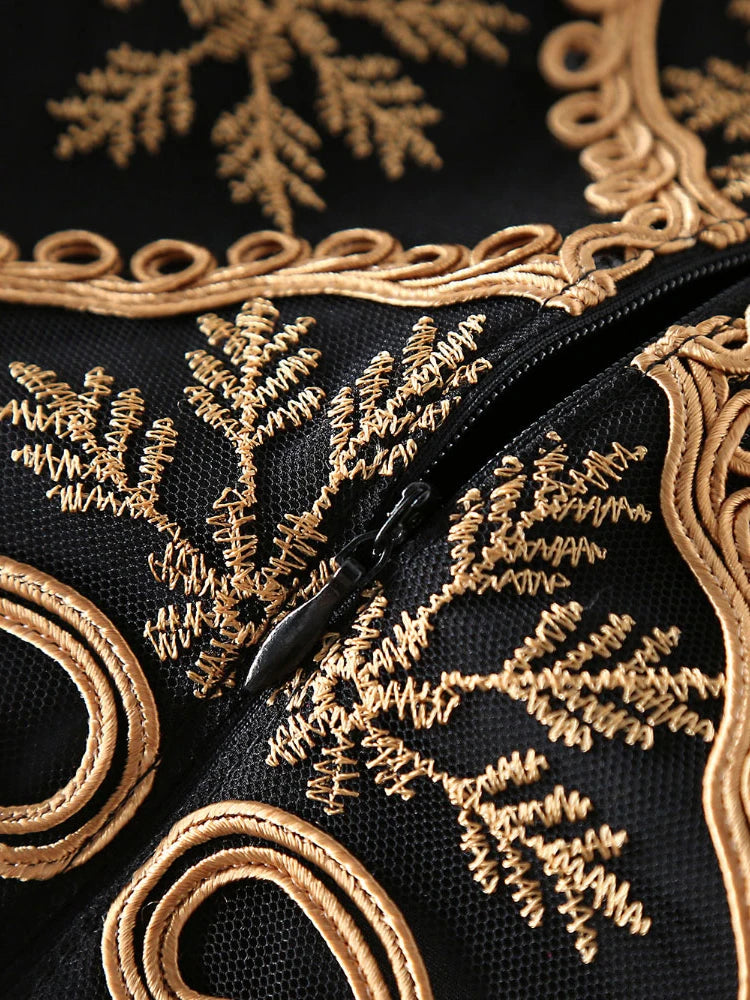 Dress Women 3/4 Sleeve 3D Gold Flower Embroidery Elegant Midi High Quality